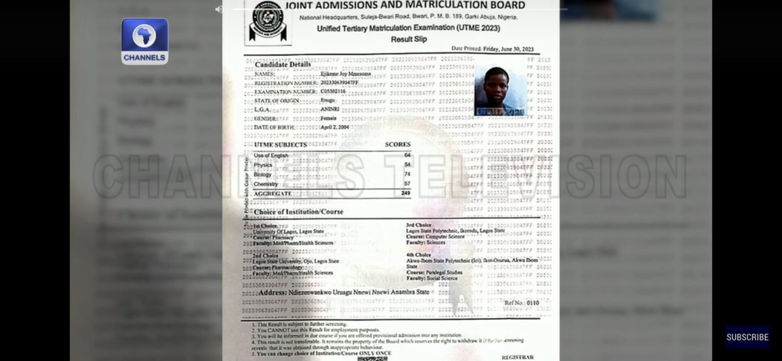 JAMB releases official UTME result slip of Mmesoma with photo evidence